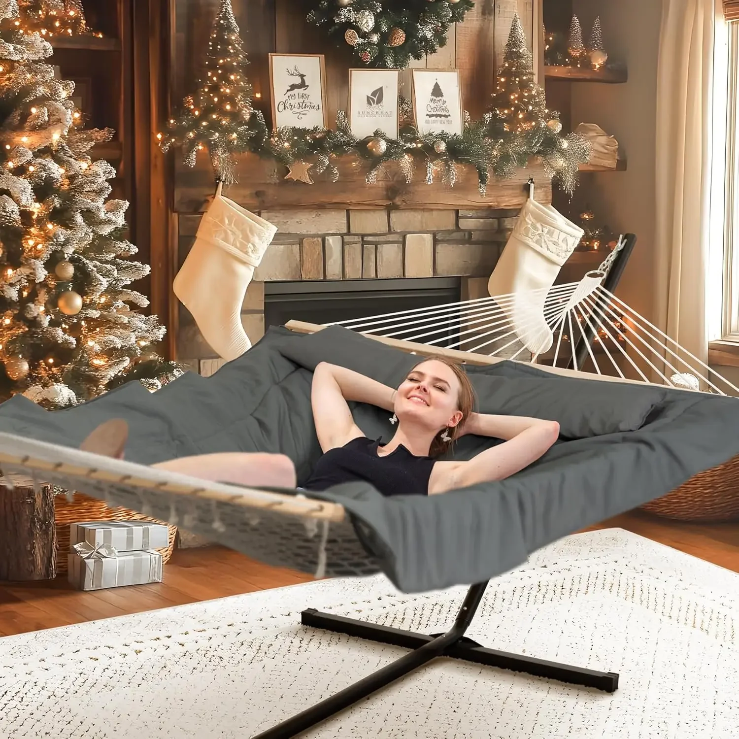 Rede dupla externa com suporte, rede de corda de algodão para duas pessoas com almofada de poliéster, cinza escuro