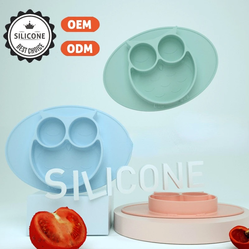 Children's All-in-One Silicone Compartment Plate Cute Owl Bowl Tableware Food Grade Safe Material Baby Sucker Supplement