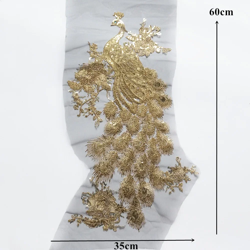 Gold Sequin Embroidered Peacock Birds Applique Lace Fabric Trimming Sewing Patch Wedding Gown Dress DIY Crafts