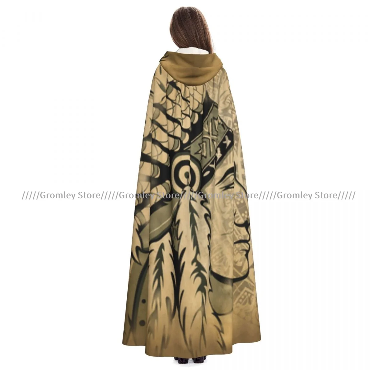 Aztec Calendar And Face Witch Cloak Hooded Cosplay Costume Halloween Adult Long Party Cape