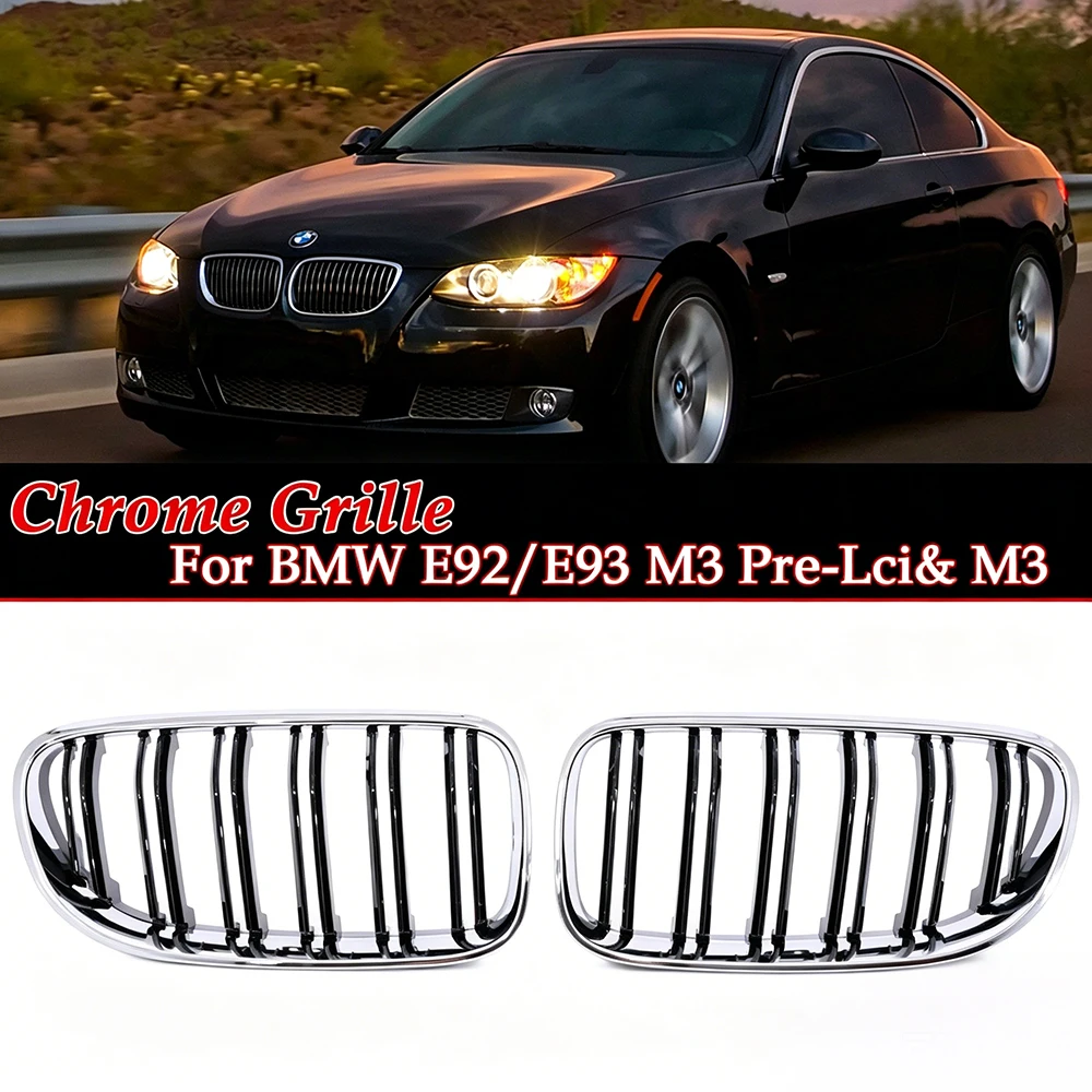 Parrilla Deportiva ABS Cromada Tricolor Negra Brillante para BMW Serie 3 E92 E93 Pre-LCI y M3, Parrilla de Riñón con Franja Cromada M