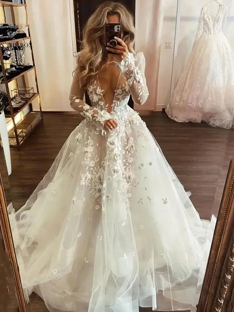 Sexy Diepe V-Hals Lange Mouwen Trouwjurken Voor Vrouwen Vestido De Novia 2023 3d Kanten Appliques Bruidsjurken Robe De Mariée