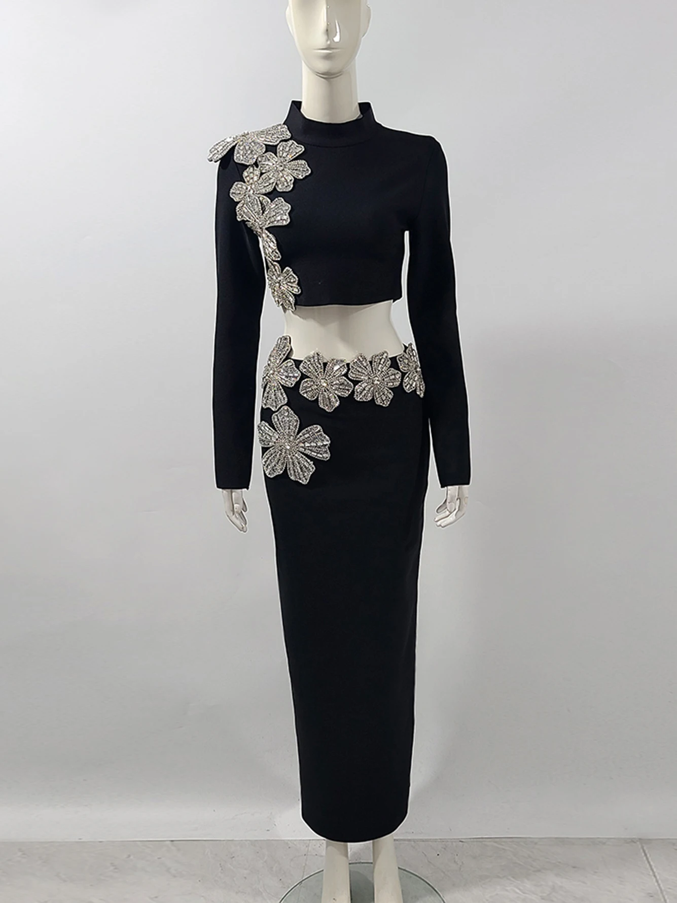 High Quality 2024 Women'S Diamond Flower Black Bandage 2-Piece Set Sexy High Neck Long Sleeved Short Top+Long Skirt Party Set