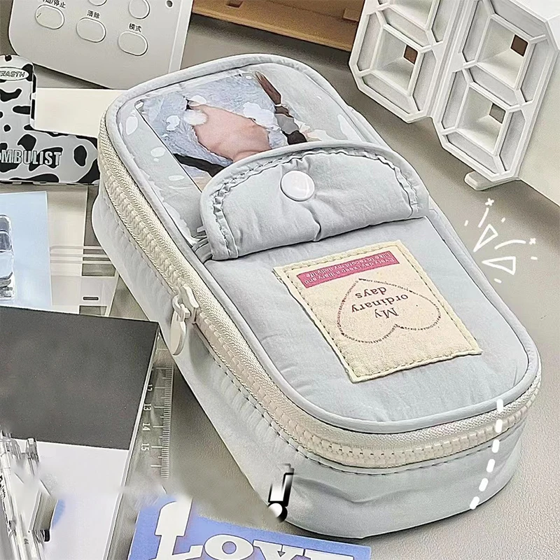 Niedliches japanisches Ins einfaches Federmäppchen, Kunst, Retro, großes Fassungsvermögen, verschleißfest, Mädchen-Stifttasche mit durchsichtiger Kartenfach, Herz-Reißverschluss