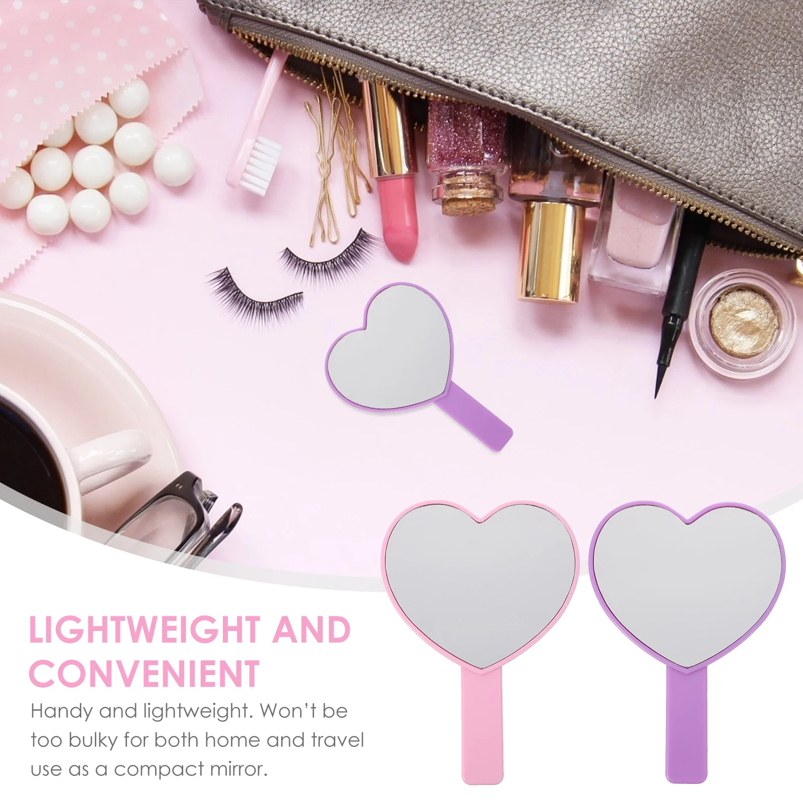 2 pçs forma de coração espelho portátil para maquiagem de viagem compacto leve presente rosa azul