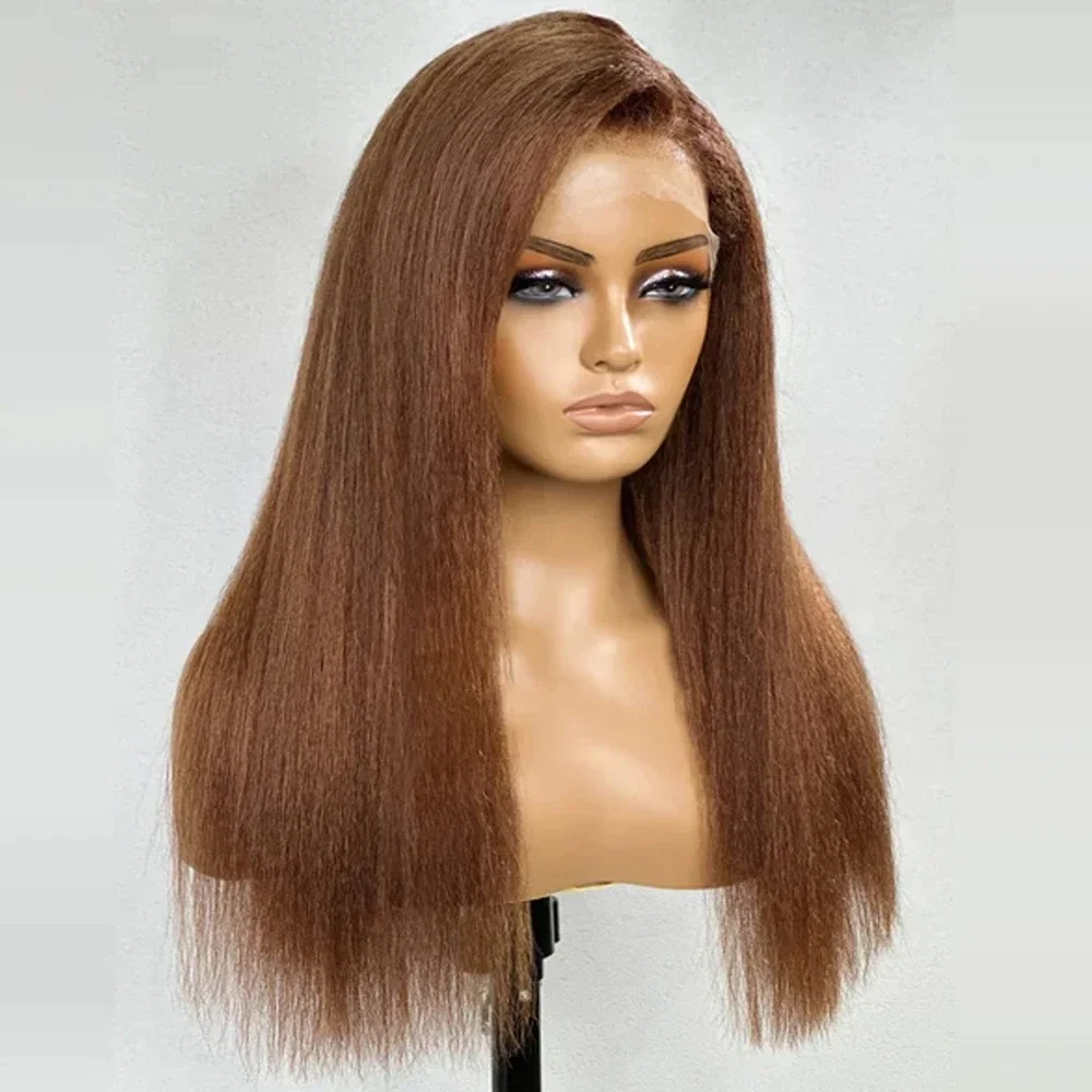 

Brown Kinky Yaki Straight 30'Long 180Density Lase Front Wig For Black Women Heat Resistant BabyHair Glueless Preplucked Daily