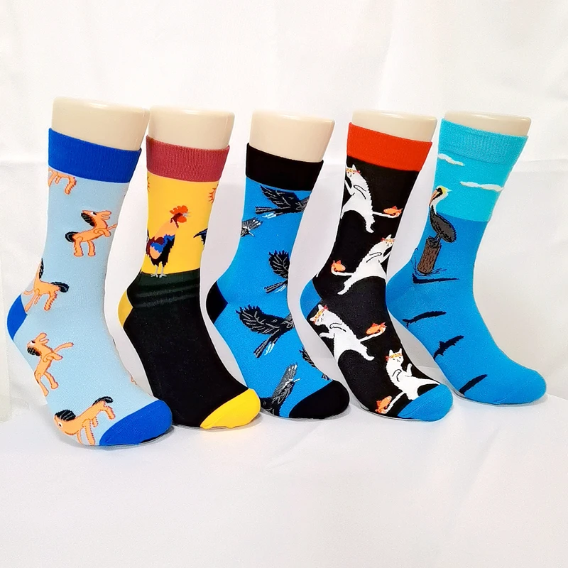 Happy Colorful Men\'s Socks Fashion Cartoon Rooster Eagle Cat Penguin Harajuku Stockings European and American Trend Cool Sock