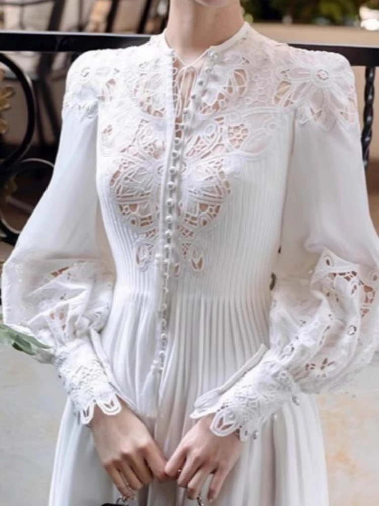 Vintage Spring Party High Waist Embroidery Lace Long Sleeve Dresses Women Woman Luxury Autumn A-Line Elegant Runway Dress Boho