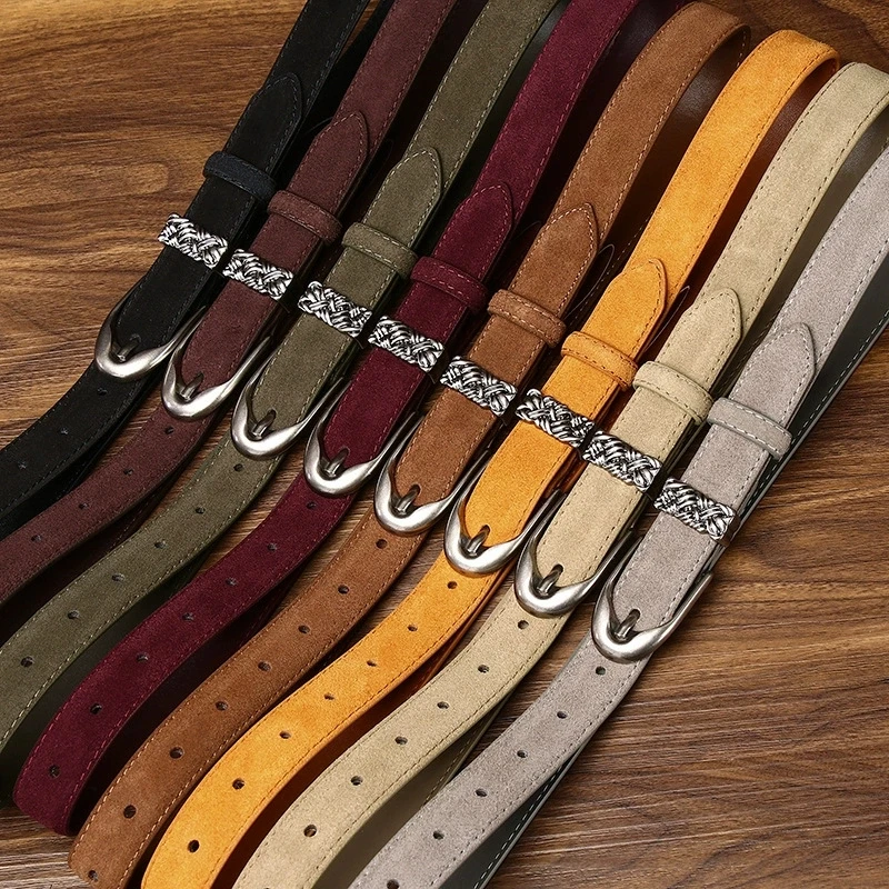 Damen Schmaler Ledergürtel Modischer Wildledergürtel Dünner Taillengürtel für Hosen mit Dornschließe – Detail 1