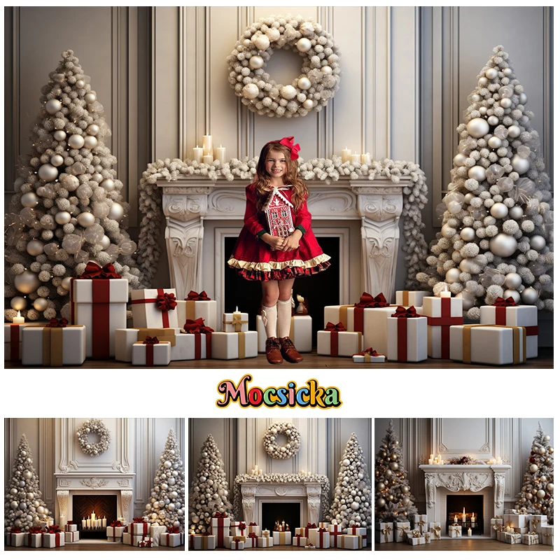 

Mocsicka Winter Christmas Mantel Photo Backdrop For Kids Portrait Birthday Family Photography Xmas Tree Wreath Gift Box Decor