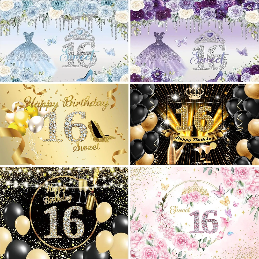 

16th Birthday Party Sweet Pink Custom Backdrop Sparkling Diamond Glitter Banner Balloon Sixteen Girl Boy Cheers Photo backdrop