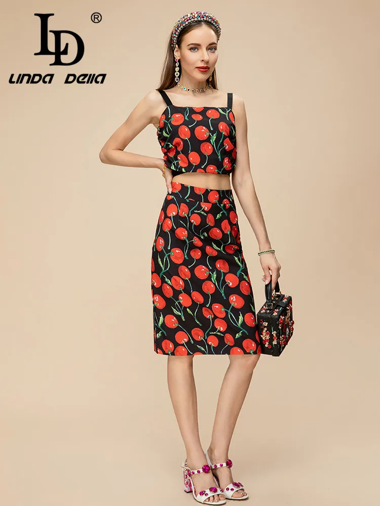 LD LINDA DELLA 2023 Summer Runway Designer Set Women\'s Suspender Cherry Print Top+Elastic Waist Elegant Party Skirts Sets