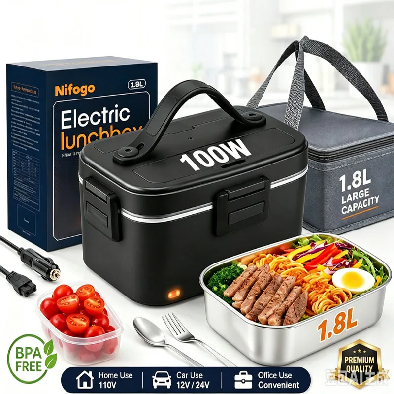100W Fast‑Heated Electric Lunch Box 1.8L, 110V Home & 12V/24V Car Dual‑Use Food Warmer, 304 Stainless‑Steel Portable Heating Bento Box with Insulated Carry Bag for Office, Road‑Trip