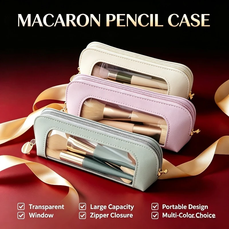 Portable PU Leather Cosmetics Organizer Bag Makeup Brush Pouch Waterproof Pencil Stationery Holder Case Bag with Clear Window
