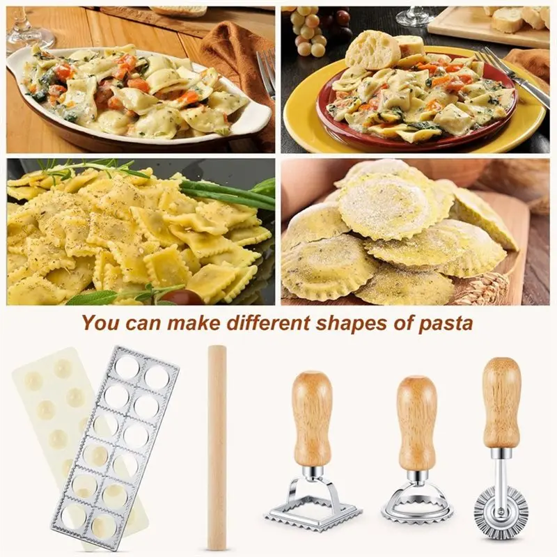 M11K-Raviolo Maker Cutter Kit 5 Pcs 2 Inch Square Ravioli Mold Set With 12-Hole Raviolis Press 3 Pasta Cutter Stamps