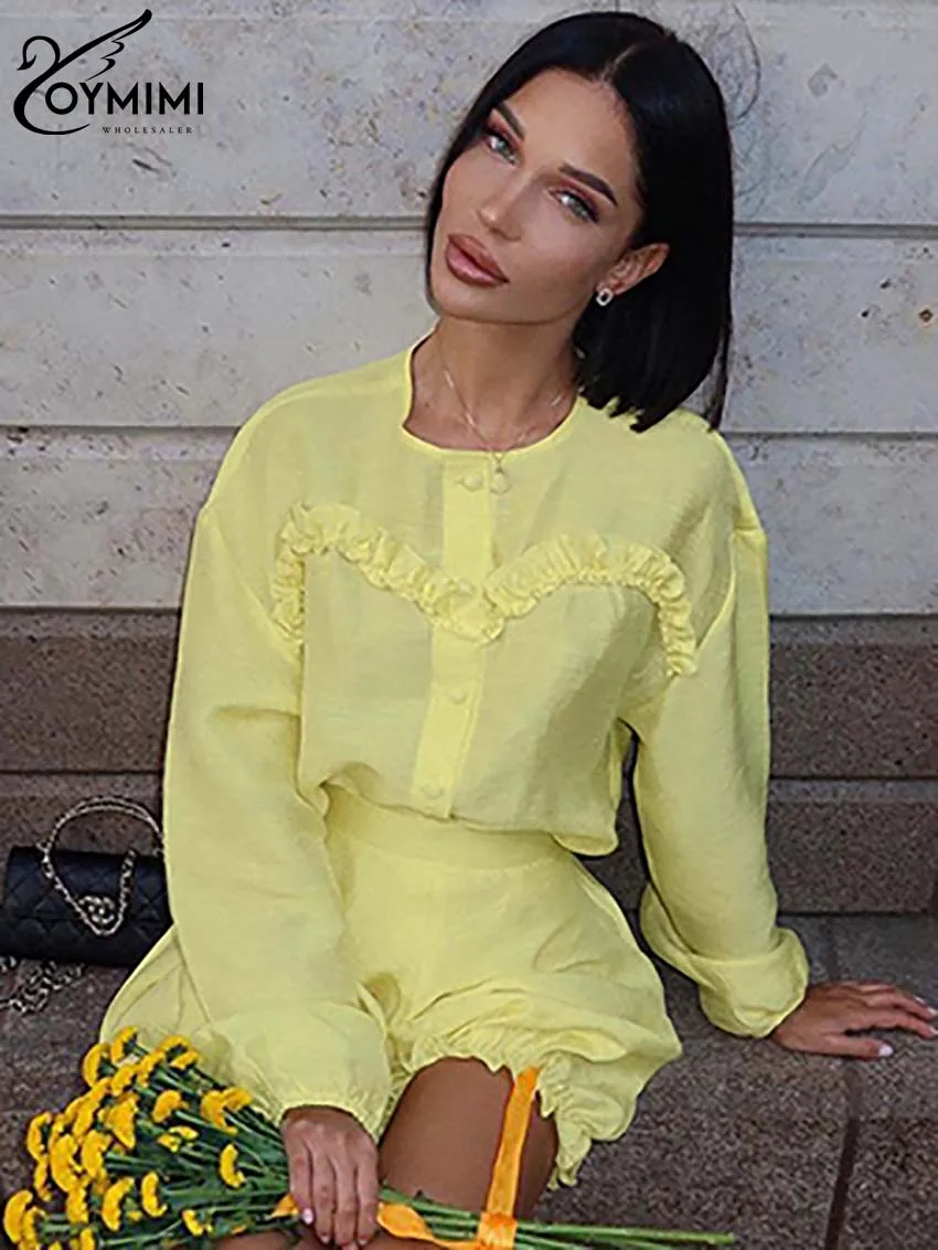 Oymimi Fashion Yellow 2 Piece Sets Women Outfit Elegant O-Neck Long Sleeve Ruffled Button Shirts And High Waisted Shorts Sets