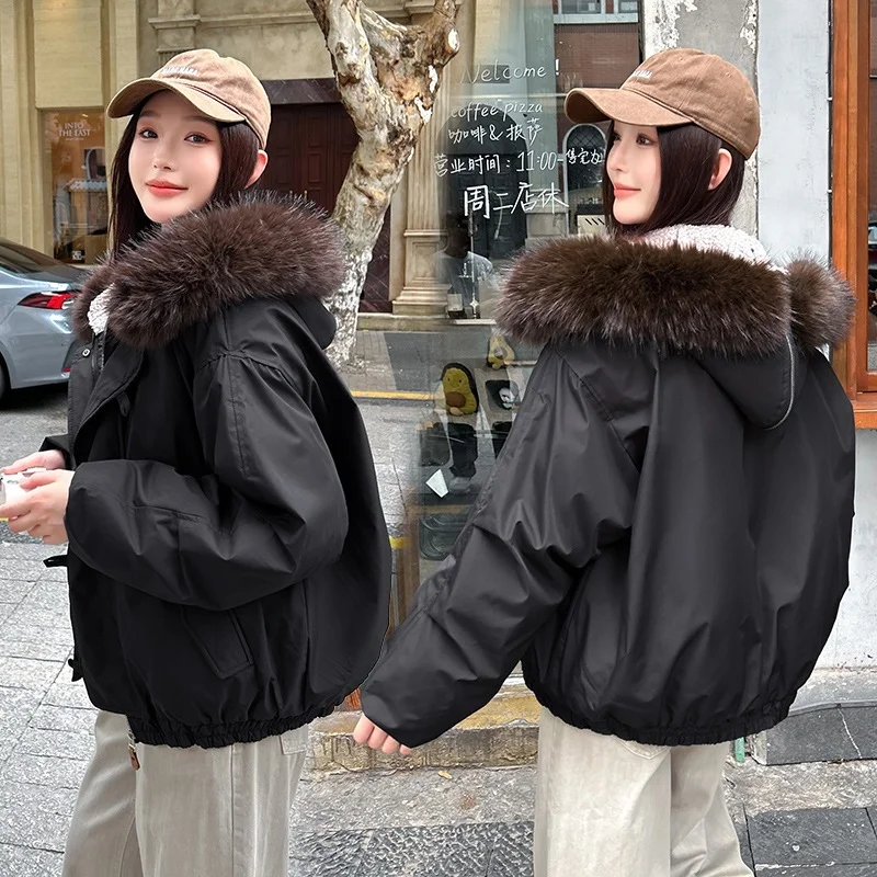 سترة نسائية شتوية جديدة من القطن ذات ياقة كبيرة من القطيفة ملابس خارجية فضفاضة بأزرار وأكمام طويلة وغطاء للرأس #5