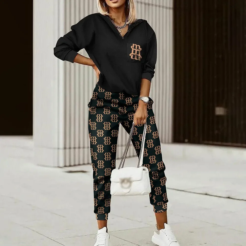 2024 Spring New Women Tracksuit Two Pieces Set Female Print Loose Pants Matching Suit Long Sleeve Tops Trousers Female Set