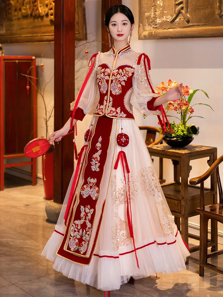 Chinese Couple Cheongsam Marriage Clothing Costume Sequins Beaded Embroidery Lantern Sleeve Wedding Dress