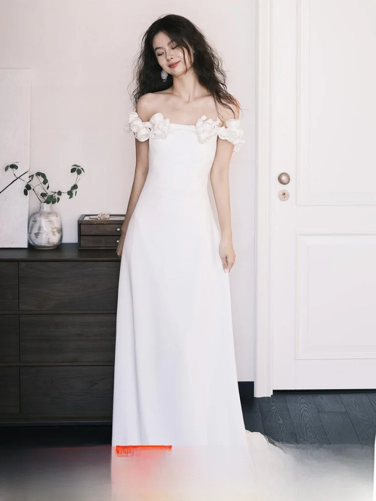

Simplified Wedding Dress Satin Fish Tail One Shoulder Bridegroom Registration Ceremony Slimming White Morning Robe Ceremony