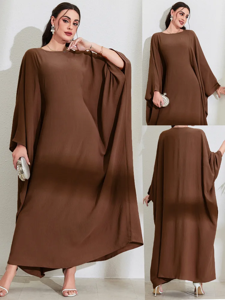 

Fashionable Dress Modest Muslim Floor-Length Dress Arabic Batwing Sleeve Gown Self-Tie High-Waisted Round-Neck Abaya.