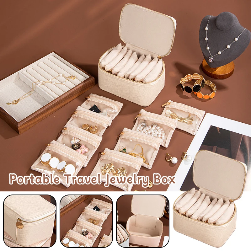 حقيبة تنظيم مجوهرات السفر، حقائب المجوهرات لتخزين المجوهرات مع 8 أكياس مخملية شفافة بسحاب للسفر والأقراط #1