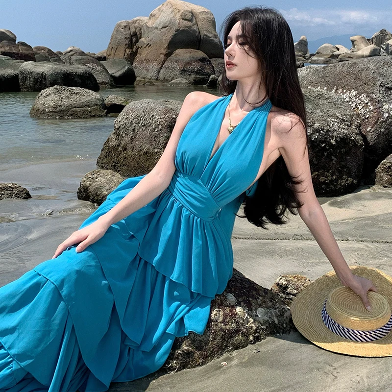 Sexy Pure Desire Blauw V-Ne Strapl Svel Dr Dames Taille Cinching Afslanken Bal Tie ing Cake Lange Dr