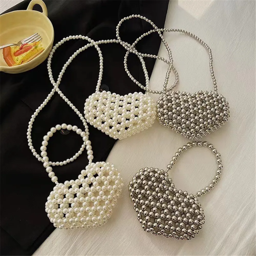 Mini Love Handwoven Pearl Bag Girl Children's Crossbody Bag Fashion Wedding Party Banquet Vintage Luxury Women's Shoulder Bag