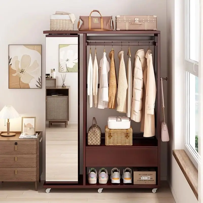 Movable dressing mirror, coat rack combination, multi-layer storage floor-standing rotating full-length mirror