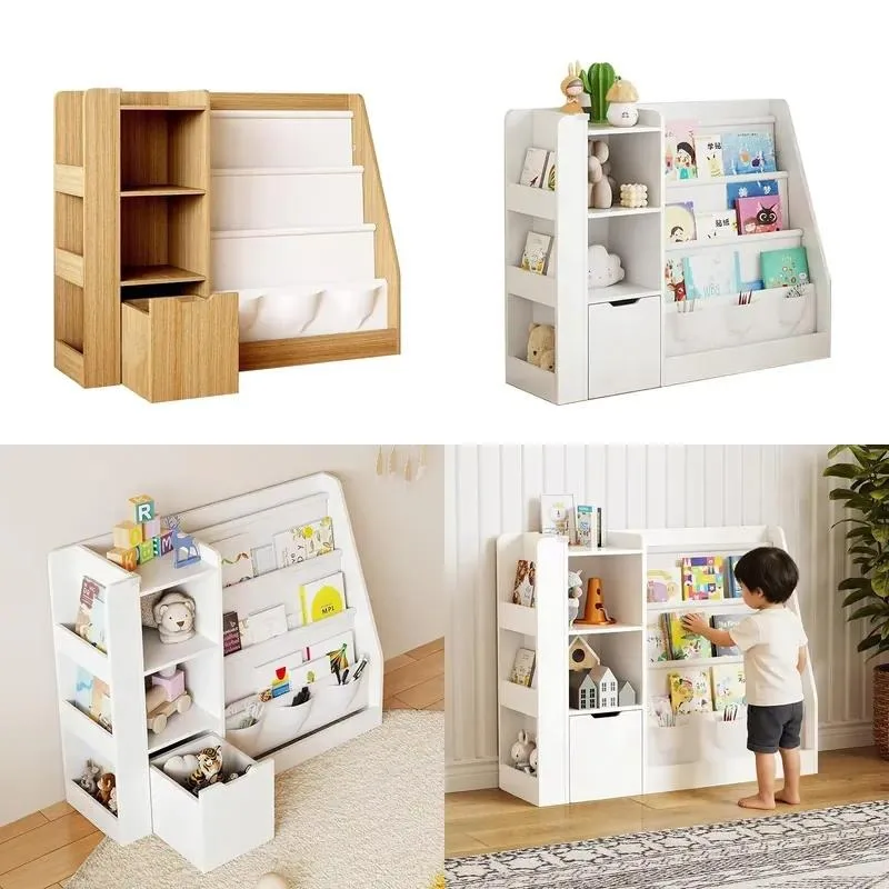 Kids Vertical Bookshelf Multi Layer Storage Rack with Drawers for Toys Books Household Items Organizer
