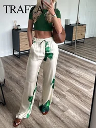 TRAFZA Spring Woman Fashion Long Pants Green Printed Flower Elastic Waist Drawstring Casual Female Wide Leg Pants Beach Style