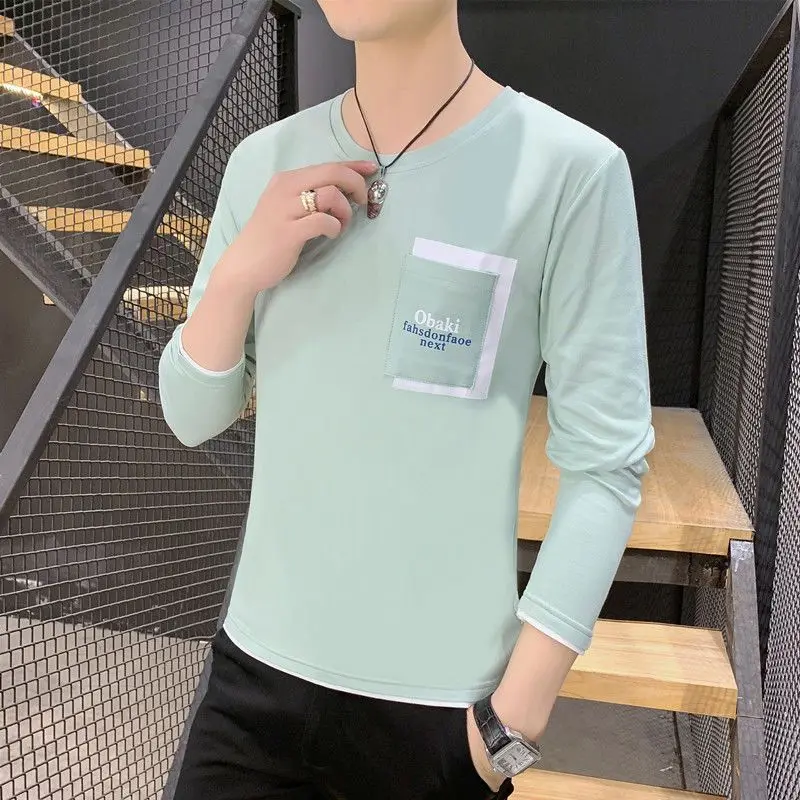 

Мужская осенняя футболка с длинным рукавом, модная новинка в корейском стиле, с круглым вырезом, молодежная, стильная, для студентов, базовый слой, топ