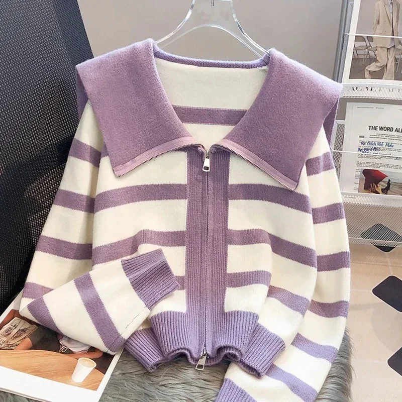 Cardigan con cuciture a righe colletto Peter Pan stile preppy coreano da donna maglione lavorato a maglia a maniche lunghe con cerniera allentata casual Top semplice