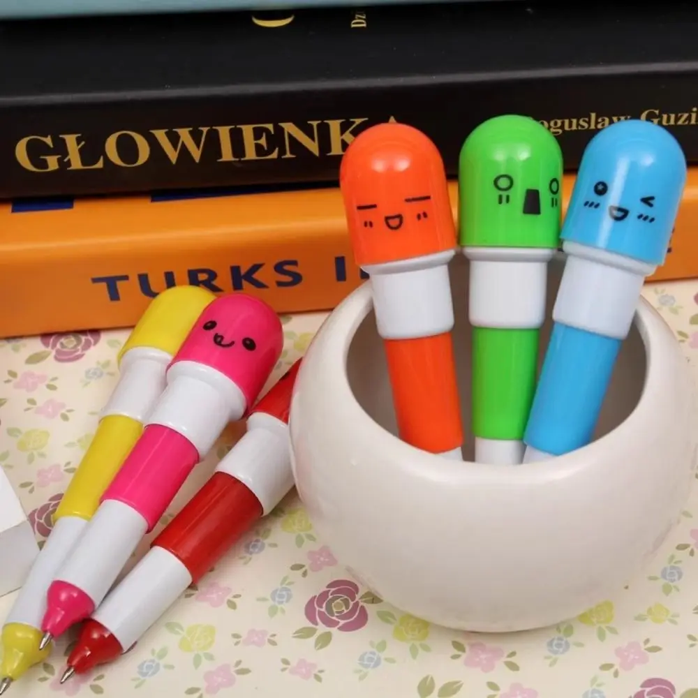 Telescopic Pill Ball Point Pen Smiling Face Cartoon Retractable Pill Pens Mini Funny Capsule Telescopic Pen Party Supplies