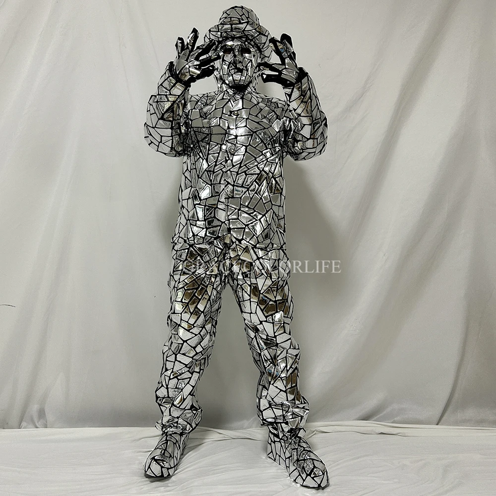 Men's Mirror Metallic Silver Blue LED Robot Suit Chrome Reflective Light-Up Cyberpunk Costume for Rave DJ Stage Performance
