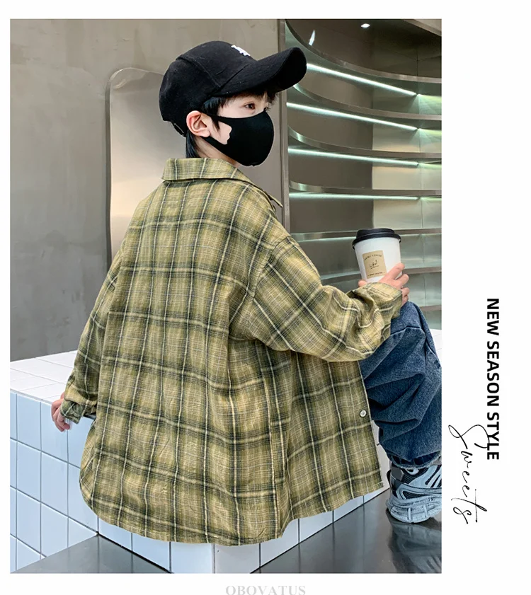 Frühlings-Herbst-Jungenhemd mit Karomuster und Tasche, Langarm, Koreanischer Casual-Stil, Baumwollbluse für größere Kinder, Coole Streetwear für Kinder – Detail 8