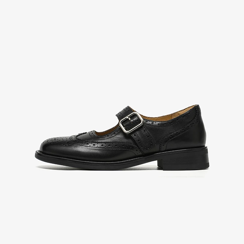 BEAUTODAY Retro Mary Janes Women Calfskin Leather Buckle Strap Round Toe Brogue Style Solid Color Ladies Shoes Handmade 28752
