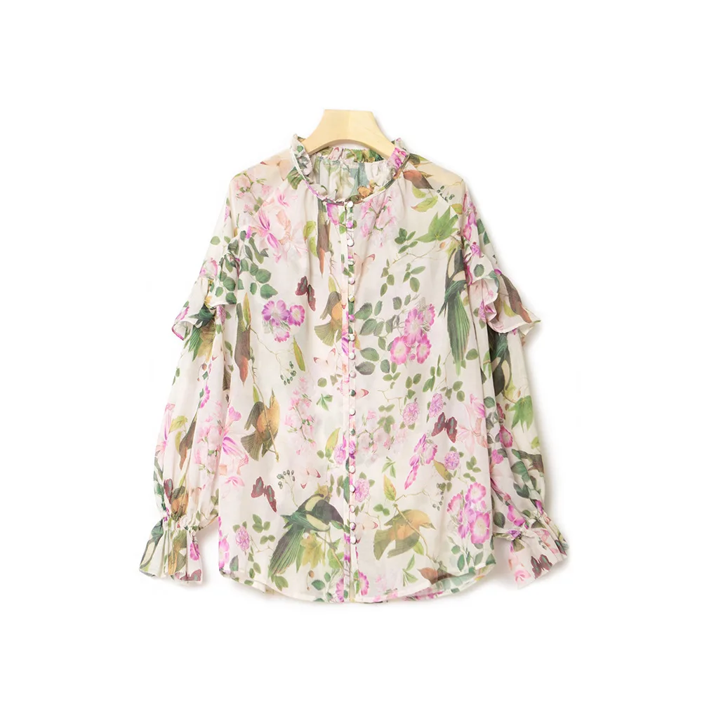 2023 Spring Summer New Ruffle Details Loose Flower Butterfly Print Shirt