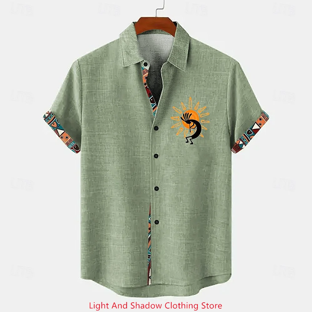Men's Short Sleeved Shirt, Printed Collar, Button Up Cardigan Shirt, Retro Casual, Breathable Linen Shirt, Plus Size, Summer