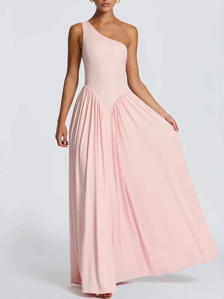Single Shoulder Backless Sexy Women's Long Dress Elegant Sloping Collar Sleeveless Temperament Slim Fit Party Long Dress
