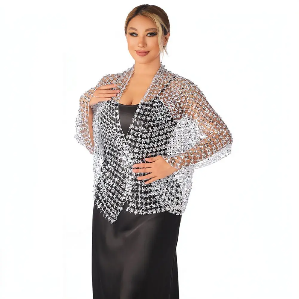 Trendy Sequin Hollow Scarf Ladies Ethnic Mesh Shawl Glittering Head Wrap Elegant Fashionable Evening Decorative