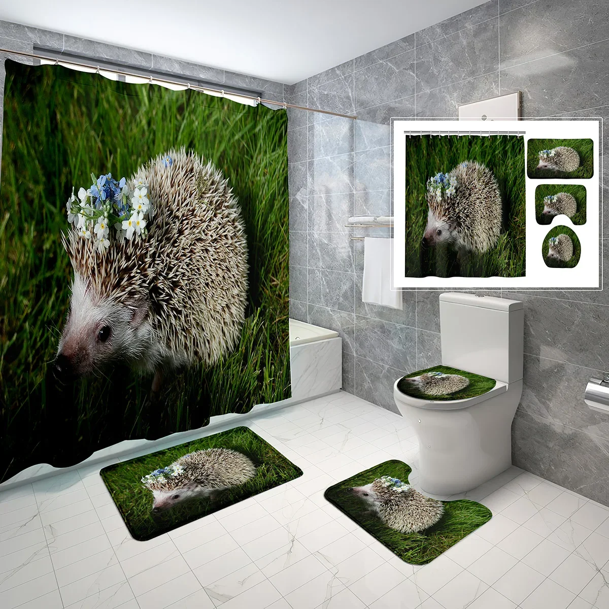 4 Pcs Hedgehog Shower Curtain Sets Cute Little Animals with Flowers Non-slip Bath Mat Toilet Lid Waterproof Shower Curtain Set