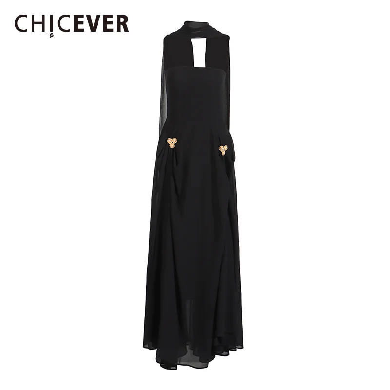 

CHICEVER Evening Long Dresses with Ribbon for Women Strapless Sleeveless High Waist Metal Decoration Elegant Prom Dress Female