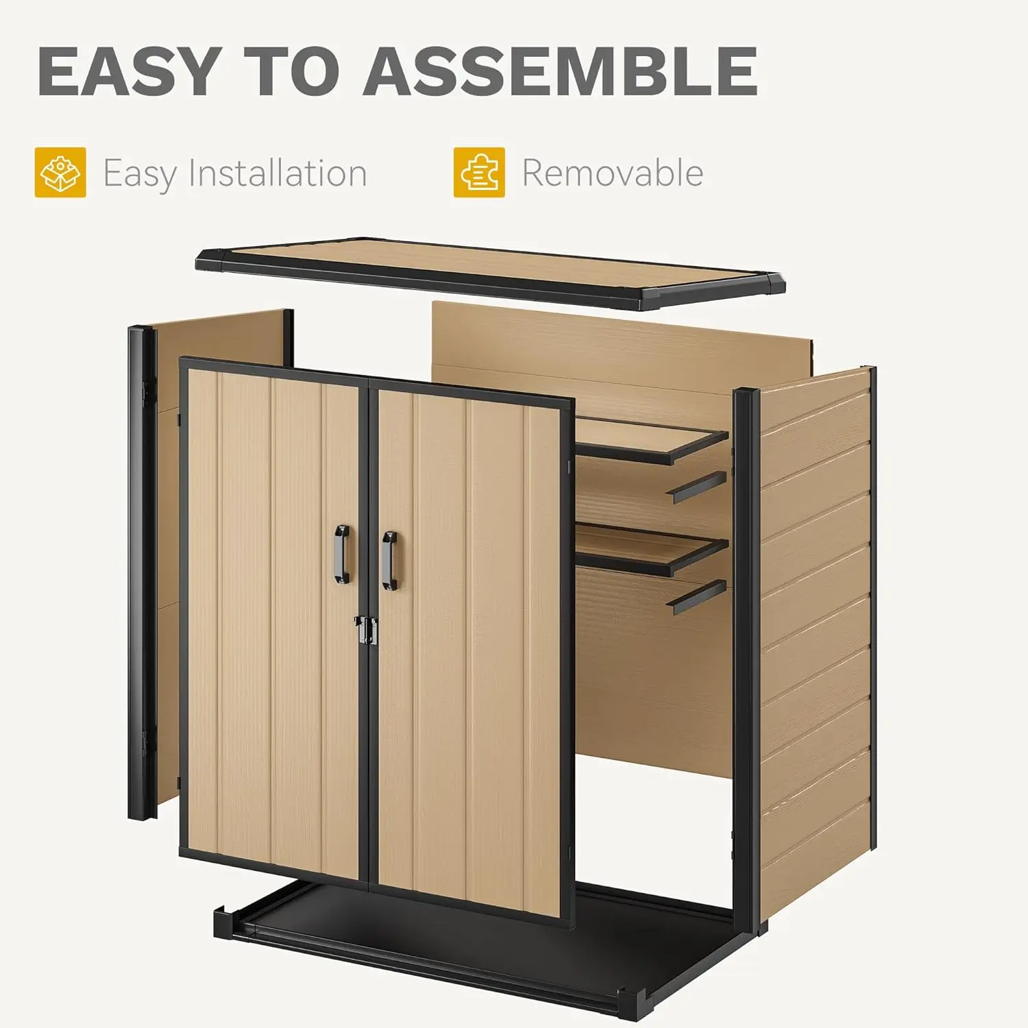 سقيفة تخزين خارجية 51 كفة مع رفين، سقيفة أدوات عمودية مقاومة للطقس مع أرضية وأبواب قابلة للقفل، جدار مزدوج قوي