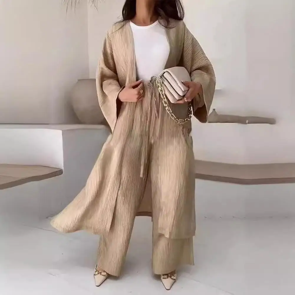 Women Coatn Pants Set Women's Casual Daily Cardigan Trousers Set with Loose Pleated Top Wide Leg Pants High Elastic for Everyday