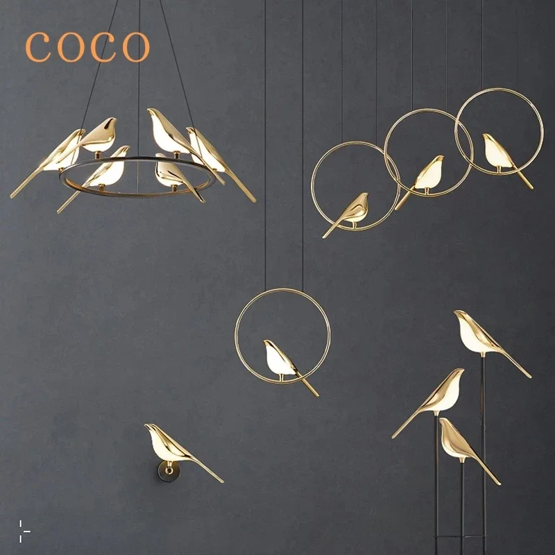 

Modern LED Gold Magpie Bird Ceiling Chandelier For Dining Room Ring Light Pendant Lamp Decorative Lighting Lustre Drop