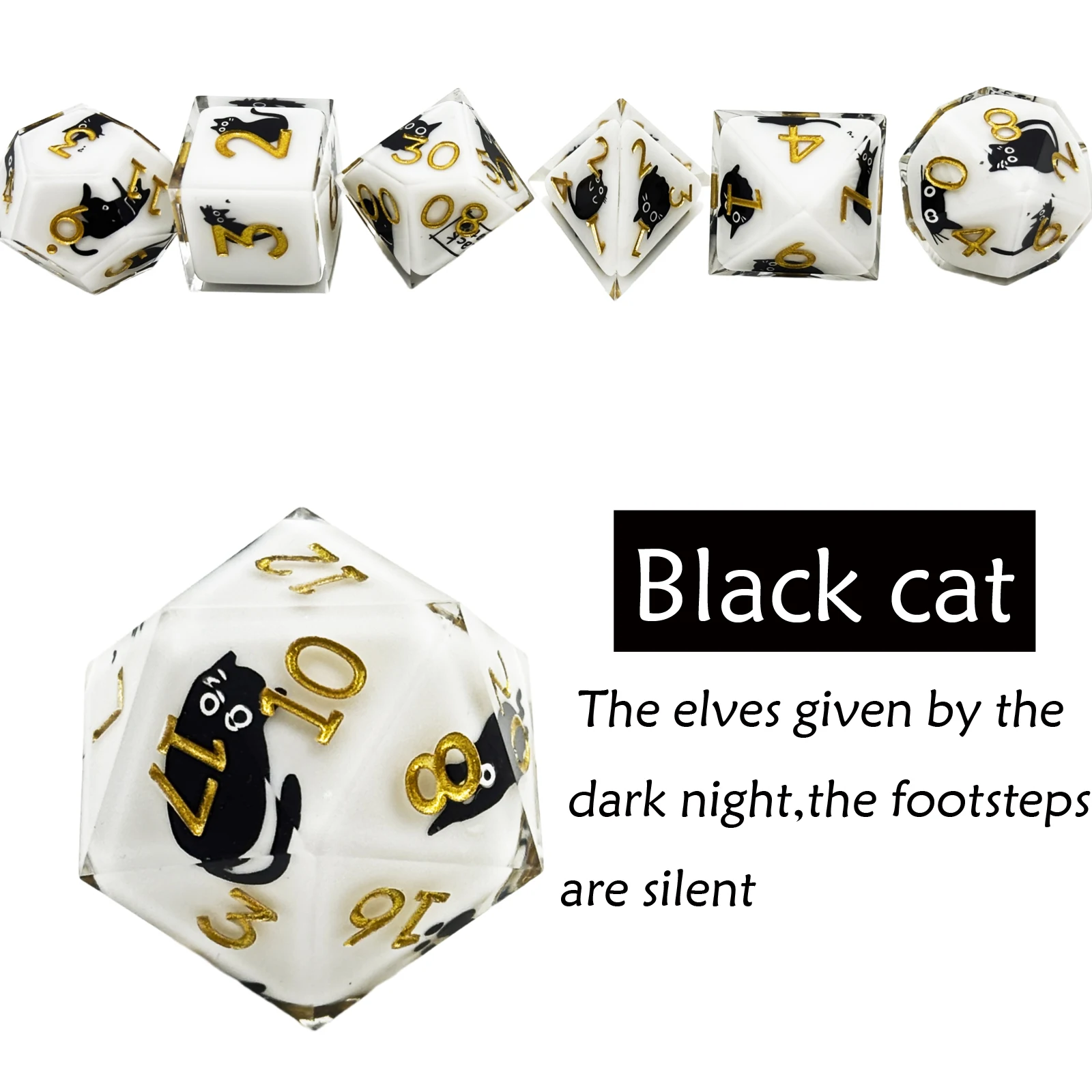 Set dadu kucing hitam 7 buah dengan desain dadu, cocok untuk permainan peran D&D Dragon and Dungeon