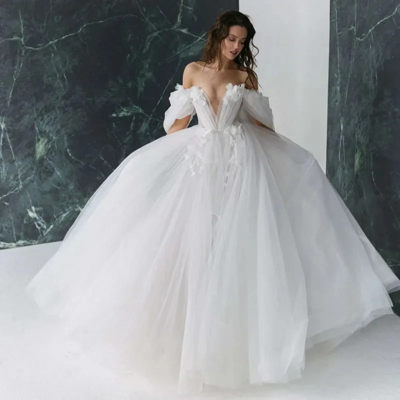 

Graceful Hot Sale 3D Flower Wedding Dresses with Detachable Sleeves Sweetheart Bridal Gowns Open Back Appliqued MCDV