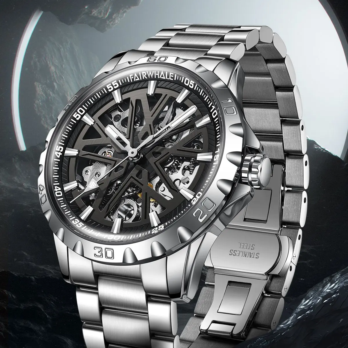 

MARK FAIRWHALE Механические часы FW6580 Роскошные мужские часы 43 мм с полым циферблатом из нержавеющей стали Светящиеся водонепроницаемые автоматические часы