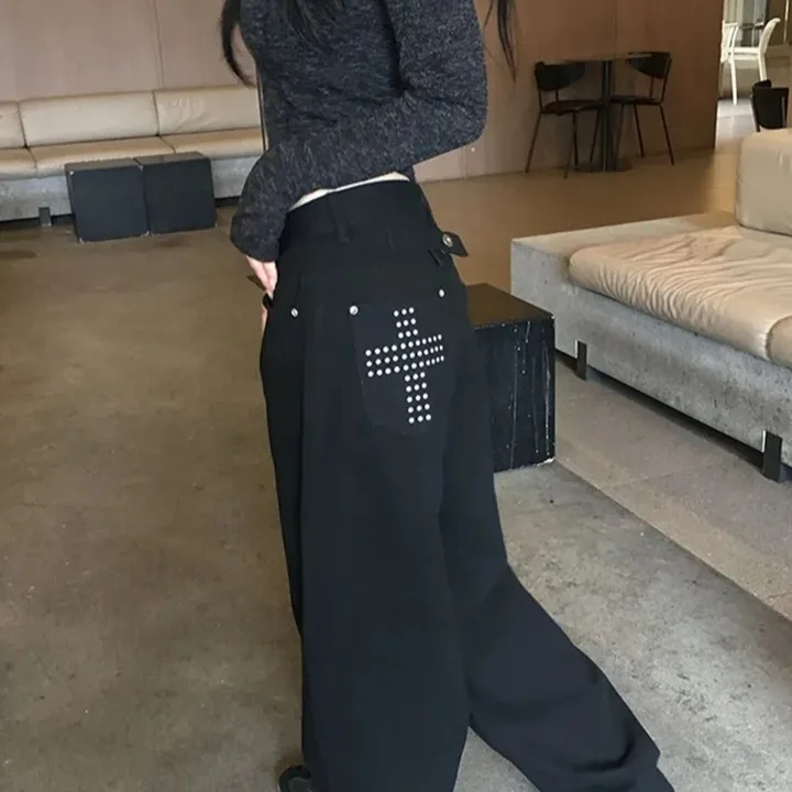 High Waist Wide Leg Pants Korean Style Chic Loose Fit Floor Length Jeans with Rivet Cross Pocket Design Casual Loose Cotton